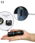 Ultra Bright Mini LED Flashlights 7W Zoomable Handheld Beams, detachable head, portable design, shown in hand and on jeans