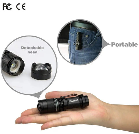 Ultra Bright Mini LED Flashlights 7W Zoomable Handheld Beams, detachable head, portable design, shown in hand and on jeans