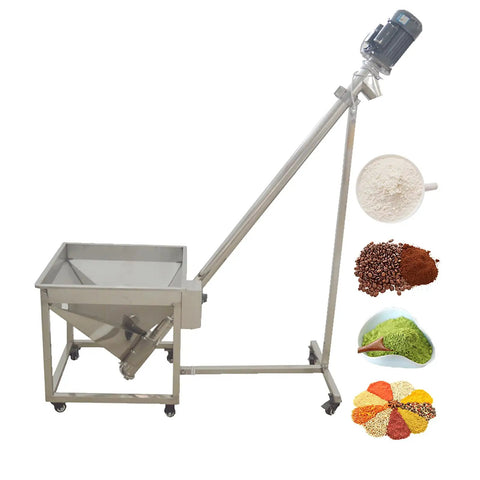Heavy Duty Incline Auger Screw Conveyor For Industrial Feeding, Stainless Steel Spiral Hopper, with various powders nearby