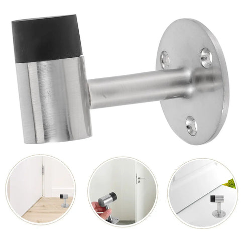 Zinc Alloy Door Stopper With Rubber Bumper, Rust Proof And Windproof Design, shown with mounting base, waterproof silver finish.