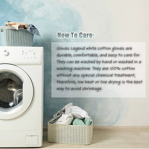 Instructions for XL White 100 Percent Cotton Safety Gloves for Work and Jewelry care, shown near washing machine