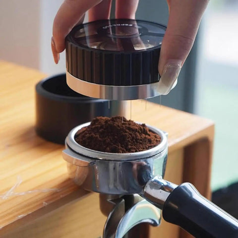 Next Level 58mm Coffee Distributor Needle With Solid Black Base Precision Gear Spin Drive for even coffee grind distribution.