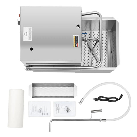 Pro Grade Commercial Fryer Filter Machine With Stainless Steel Oil Filtration System And 550W Pump For Cleaning Restaurant Fryer Oil Like A Champ Including 55 Gallon Tank And Rapid Flow Rate, showing components and accessories.