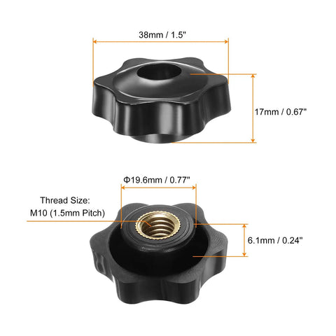 Heavy Lifter Four Pack Star Knobs With M10 Female Thread And 38mm Head Plastic Clamping Handles showing dimensions and features.