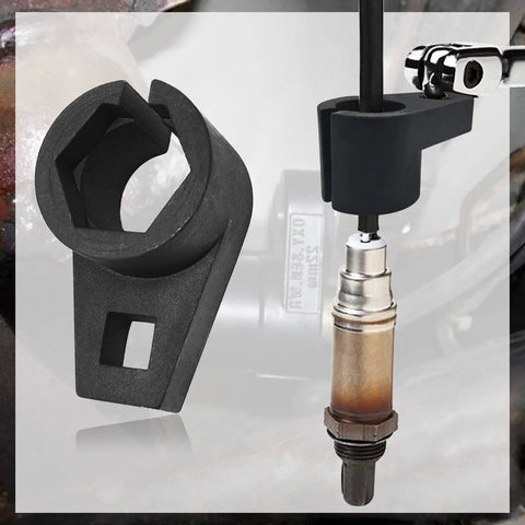 Offset Oxygen Sensor Socket 3/8 Inch Drive 7/8 Inch 22mm with side wire gate and installed view with sensor in car engine