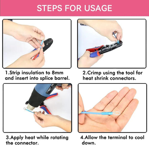 Steps for usage of the Fifty Pack Ring Terminals Red For 22-16 AWG With M4 Studs Heavy Duty Heat Shrink Wire Connector Kit