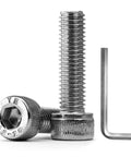 Dead Solid M6 X 30mm Socket Head Cap Screws With Full Threads And Allen Drive Built Like A Tank For Heavy Duty Fastening Featuring Zero Rust 304 Stainless Steel Grade Hardware next to hex key.