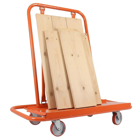 Heavy Duty Steel Frame Drywall Sheet Cart And Panel Dolly Featuring Detachable Massive Wide Deck transporting plywood sheets.