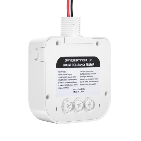 Ceiling Occupancy Motion Sensor For High Bay Lights 360 Degree Coverage 120 To 277 VAC Hard Wired UL Listed Industrial Grade Back View