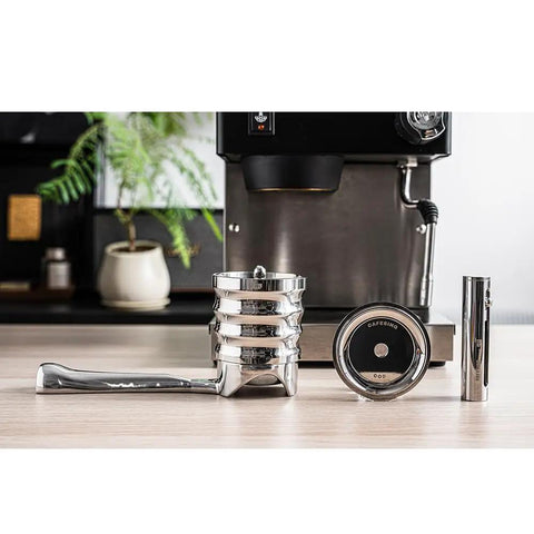 Premium Retractable Espresso WDT Tool All Stainless Steel Coffee Distribution Needle on wood surface with espresso machine.