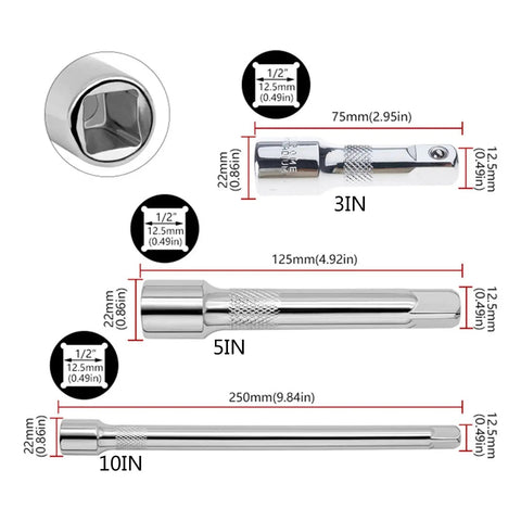 Grease Monkey Approved 10 Inch Socket Extension Bar For Half Drive Ratchets, alloy steel material, detailed size illustration.