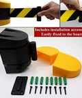 Heavy Duty 10 Meter Retractable Belt Barrier Wall Mount Crowd Control Divider For Restricted Area Security Durable Nylon Ribbon Takes Care Of Queue Management And Keeps Folks In Line with installation accessories and mounting hardware.
