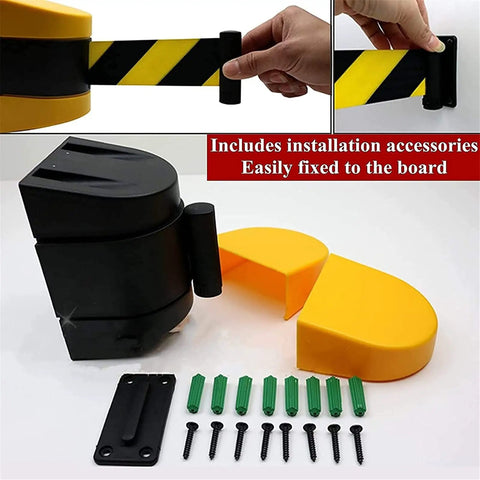 Heavy Duty 10 Meter Retractable Belt Barrier Wall Mount Crowd Control Divider For Restricted Area Security Durable Nylon Ribbon Takes Care Of Queue Management And Keeps Folks In Line with installation accessories and mounting hardware.