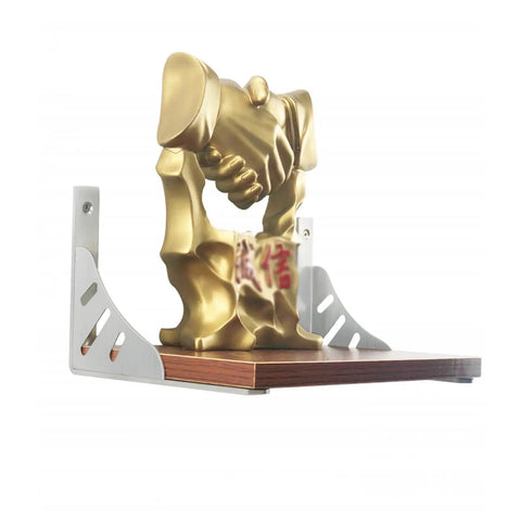 2 Pack Heavy Duty Floating Shelf Brackets Stainless Steel Wall Mount Corner Supports With Screws Rugged Triangle Design Hangs Straight And Stays Put Without Throwing A Tantrum When Fully Loaded with golden handshake sculpture on wooden shelf.
