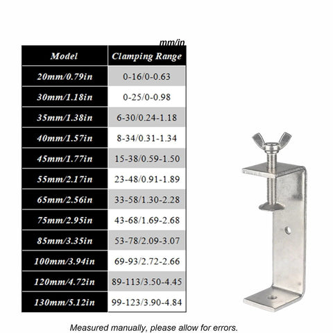 Begot 304 stainless steel C-clamp with wide jaw and wing bolts, shown beside size chart (130 mm)
