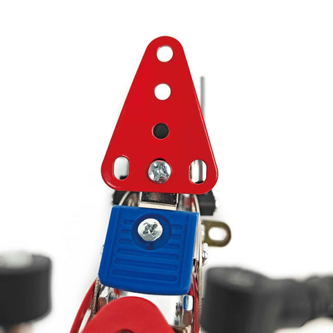 99 Piece Metal Motorcycle Model Building Kit For DIY Chopper Bike Fans And STEM Lovers close-up red triangular piece.