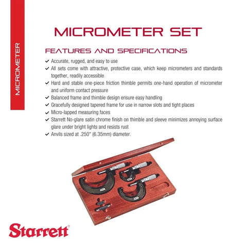 Outside Micrometer Set With One-Piece Friction Thimble, Satin Chrome Finish, Tapered Frame, 0 To 3 Inch Range,.0001 Inch Graduations in box