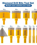 Premium Highdril Diamond Hole Saw Kit Featuring 11 Piece Core Drill Bit Set With Hex Chamfer And Guide Jig Perfect For Porcelain Ceramic Granite Marble And Hard Materials, showing various sizes from 6mm to 65mm.