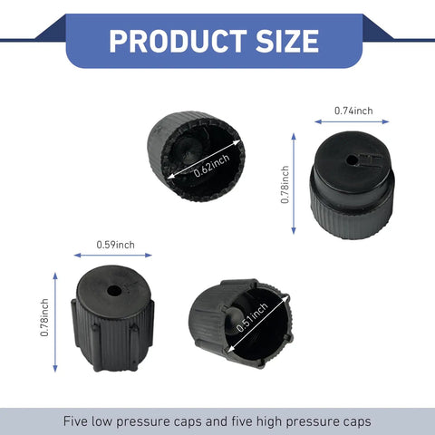 10 Pack Car AC Service Port Covers Kit with sizes for R134a systems, including 13mm low and 16mm high pressure caps, shown in black ABS.