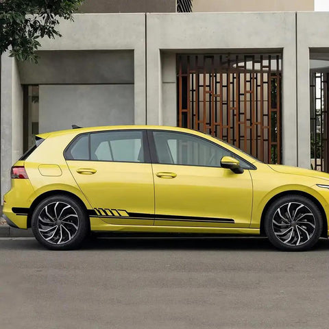 Level Up Your Ride Vibe With Sporty Side Skirt Stickers For Tesla Cybertruck Exterior Vinyl Decals and Scratch Protector Strips That Bring Dope Racing Energy To Your Daily Drive, side view of yellow car with black decals.