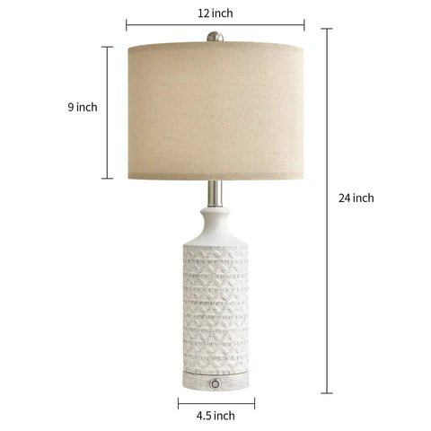 24 Inch Rustic Modern Ceramic Table Lamp Set Of 2 For Living Room And Bedroom White And Grey Finish Farmhouse Nightstand End Table Decor Lamps Cozy Desk Lighting For Bedside Workspace And Kids Room with dimensions.