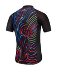 Black short-sleeve cycling jersey with colorful swirl pattern, back view