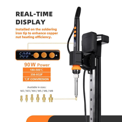 All In One Heat Set Insert Tool Kit With 200 Brass Inserts And 90W Soldering Iron For 3D Printing Pro Builds M2 Through M8 Knurled Nuts On PLA ABS PETG, featuring a 90W soldering iron with real-time display.