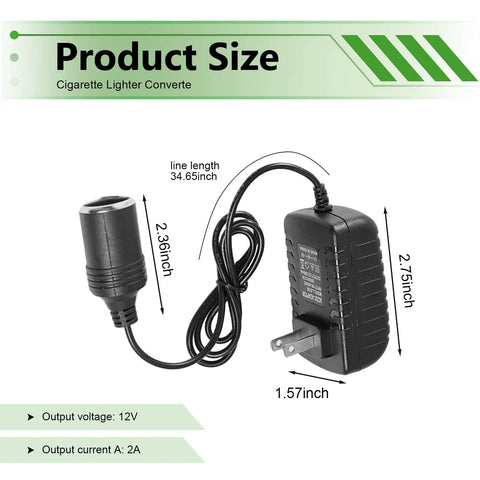 Top Shelf 120V To 12V 24W Ac Dc Converter Adapter with cigarette lighter plug, ideal for car tools, size dimensions visible.