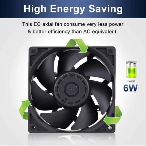 Front view of EC Brushless Industrial Case Fan 120x120x38mm, 116 CFM, illustrating high energy saving and low power usage.