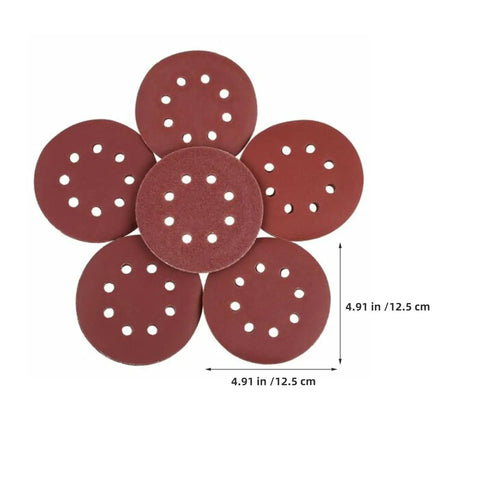 150 Piece Inch 8-Hole Hook And Loop Sanding Discs Assorted Grit Set for power tool grinders arranged in flower shape, 4.91 inches.