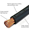 1/0 AWG Copper Battery Cable Kit Ultra Flexible Pure Copper Leads showing cross-section with copper strands and black insulation