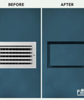 Flush Mount Wall Vent Cover 4x10 Inch, Minimalist White ABS Plastic HVAC Air Return Grille, Seamless Wall Or Ceiling Install, before and after installation comparison, showing clean, modern fit.