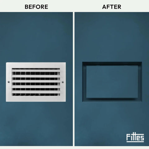Flush Mount Wall Vent Cover 4x10 Inch, Minimalist White ABS Plastic HVAC Air Return Grille, Seamless Wall Or Ceiling Install, before and after installation comparison, showing clean, modern fit.