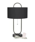 Oval Shaped Metal Table Lamp For Living Room, Black Iron Base With Marble Accents And Linen Fabric Shade, Modern Minimalist Accent Light