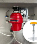 Built Tough As Nails 2 Pack Adjustable Support Jacks With Anti Slip Shock Absorbing Pads positioned under a kitchen sink next to a garbage disposal.