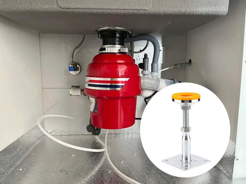 Built Tough As Nails 2 Pack Adjustable Support Jacks With Anti Slip Shock Absorbing Pads positioned under a kitchen sink next to a garbage disposal.