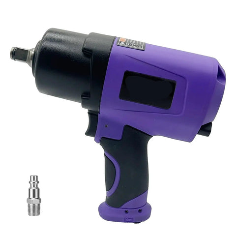 1/2 Inch Composite Air Impact Wrench With Twin Hammer Guts Delivers A Badass 1300 Ft Lbs Of Max Loosening Torque At A Screaming 8000 Rpm side view with connector.