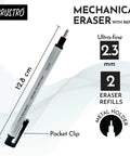 Pro Grade Mechanical Retractable Eraser With 2.3mm Ultra Fine Tip, 5 Refills And Plastic Holder, shown with metal holder