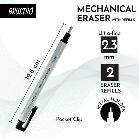 Pro Grade Mechanical Retractable Eraser With 2.3mm Ultra Fine Tip, 5 Refills And Plastic Holder, shown with metal holder