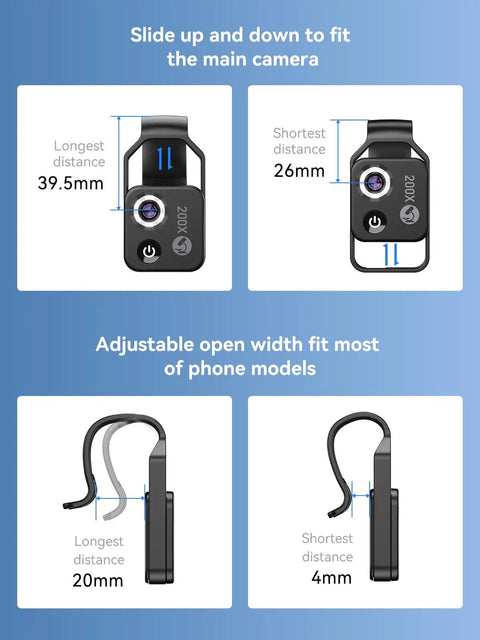 Pocket Phone Microscope 200X With LED Light And CPL Filter clip showing adjustable fit and 26mm to 39.5mm camera distance