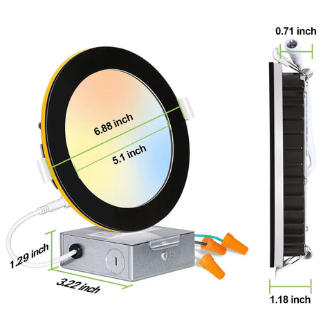 12 Pack 6 Inch LED Recessed Ceiling Lights With Night Light, Orb Can-Killer Design, side view dimensions, J Box Included