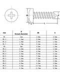 Micro 304 Stainless Steel Cross Drive Pan Head Self Tapping Screws Assorted M1 To M6 Set technical drawing and size chart.