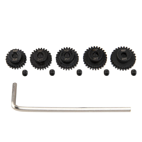 5 Pack Steel Pinion Gears 48P 3.175mm Shaft Set 23T 24T 25T 26T 27T For 1/8 Inch RC Motors Hardened Steel Durable Pinions and wrench