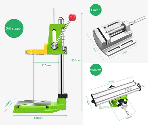 Premium Piefeak Drill Press Stand With Solid Vice And Workbench Multifunction Benchtop Pillar Tool adjustable features with clamp and dimensions.