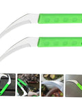 Set Of 2 Serrated Hook Garden Tools For Lawn Care And Harvesting, Multipurpose Scythe Style Weeder, green handles on grey background
