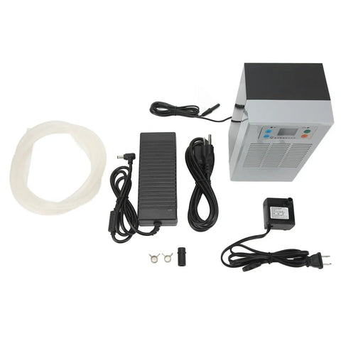 Sleek Semiconductor Water Chiller For Aquarium Tanks 20 Liter Capacity With 70 Watt Cooling Power Compact Electric Cooling Unit components