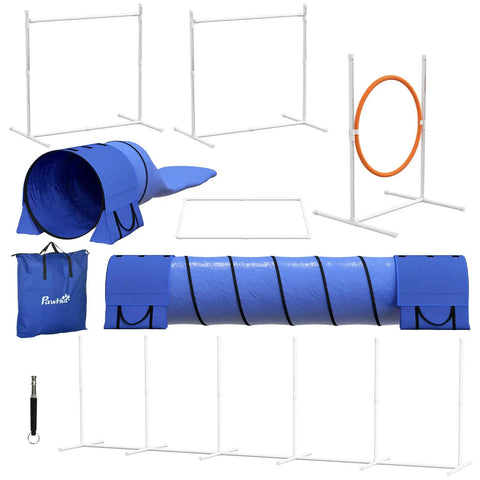 Agility Training Gear For Pets And Pups With Tunnels, Weave Poles, Adjustable Hurdles, Jumping Ring, Pause Box, And Whistle, Blue 7 Pack