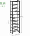 Heavy Duty Ten Tier Metal Shoe Rack Holds Up To Twenty Two Pairs Tall Slim Entryway Organizer With Adjustable Bottom Shelf And Secure Anti Tip Strap For All Your Kicks Black shown with dimensions, showcasing a slim, tall design.