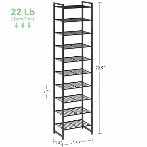 Heavy Duty Ten Tier Metal Shoe Rack Holds Up To Twenty Two Pairs Tall Slim Entryway Organizer With Adjustable Bottom Shelf And Secure Anti Tip Strap For All Your Kicks Black shown with dimensions, showcasing a slim, tall design.