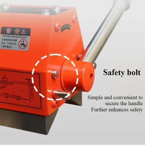 Close-up of the safety bolt on Smooth Operator Heavy Duty Manual Magnetic Lifter, enhancing secure handle use and safety.
